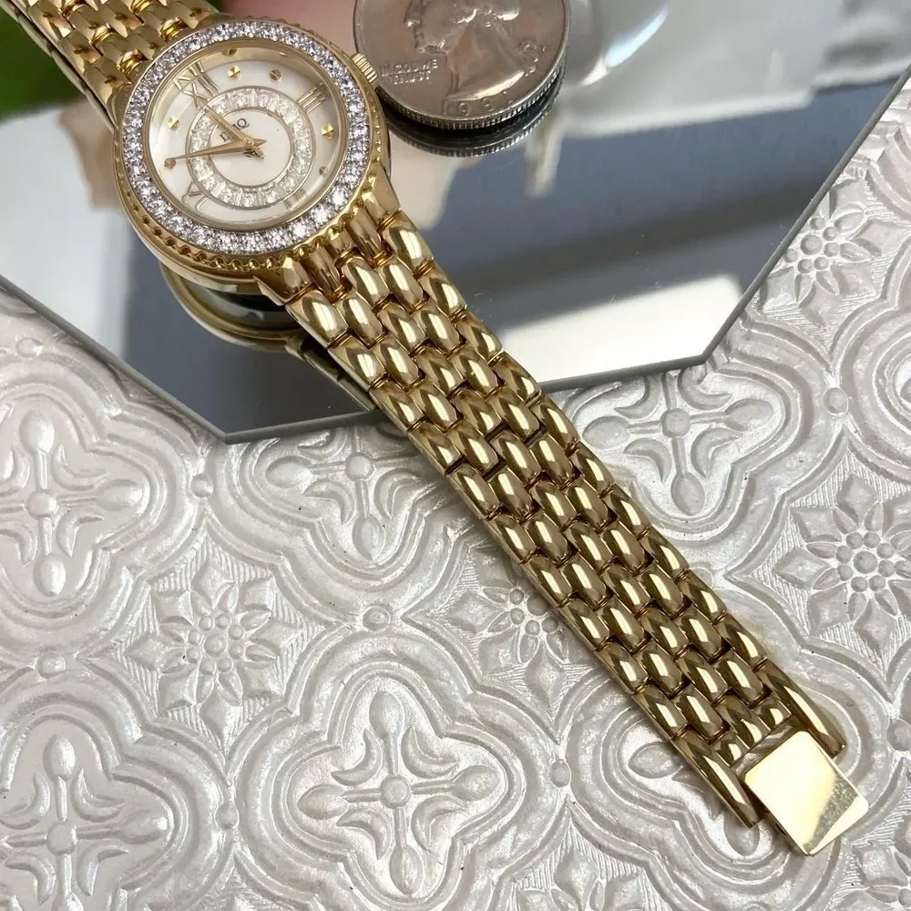 DMQ Diamonique CZ Bezel Mother of Pearl Dial Gold-Tone Dress Watch